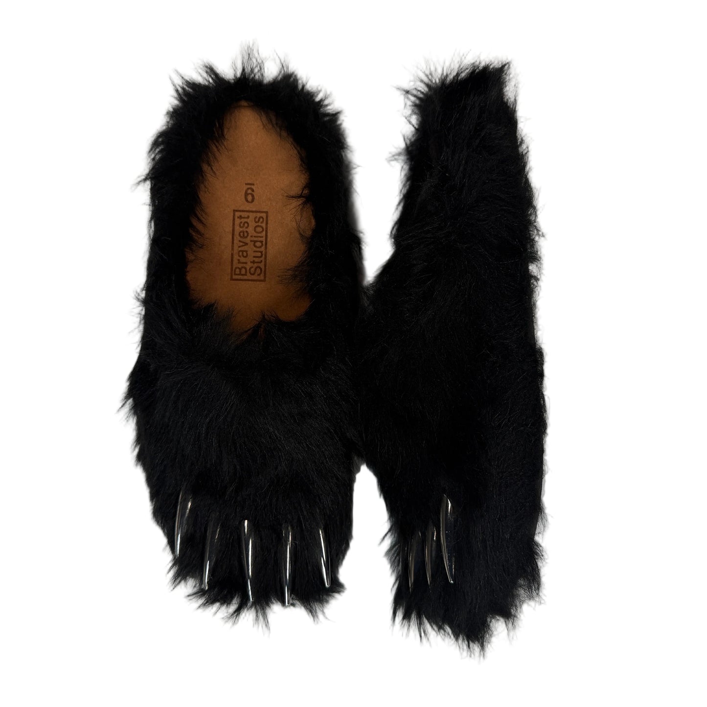 Black furry gloves with metal claws on a white background