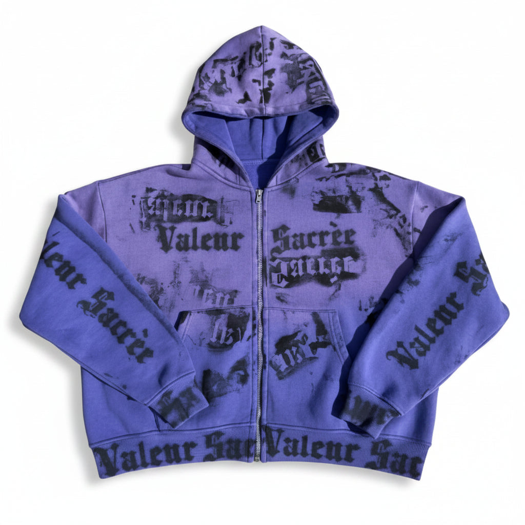 Purple hoodie with text design on a white background