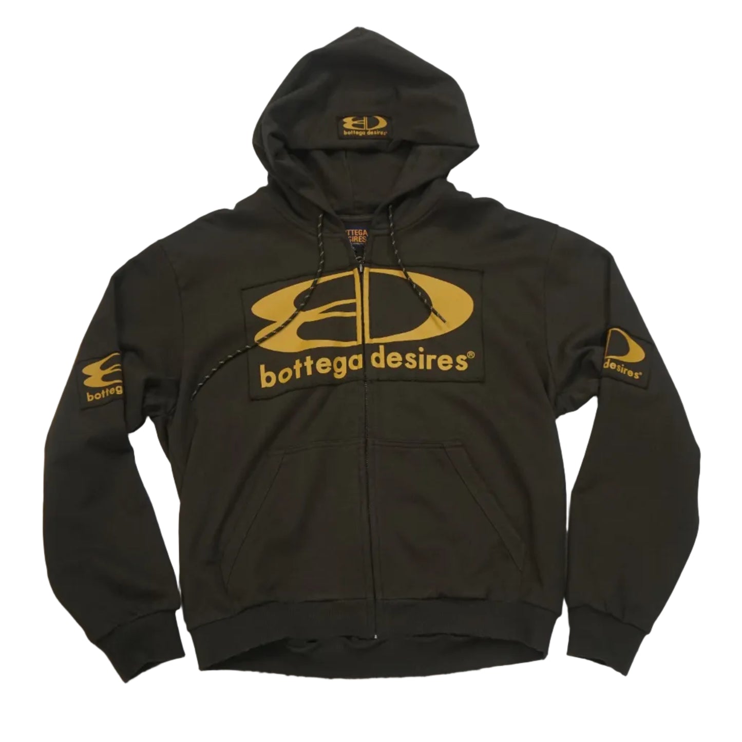 Black hoodie with yellow branding 