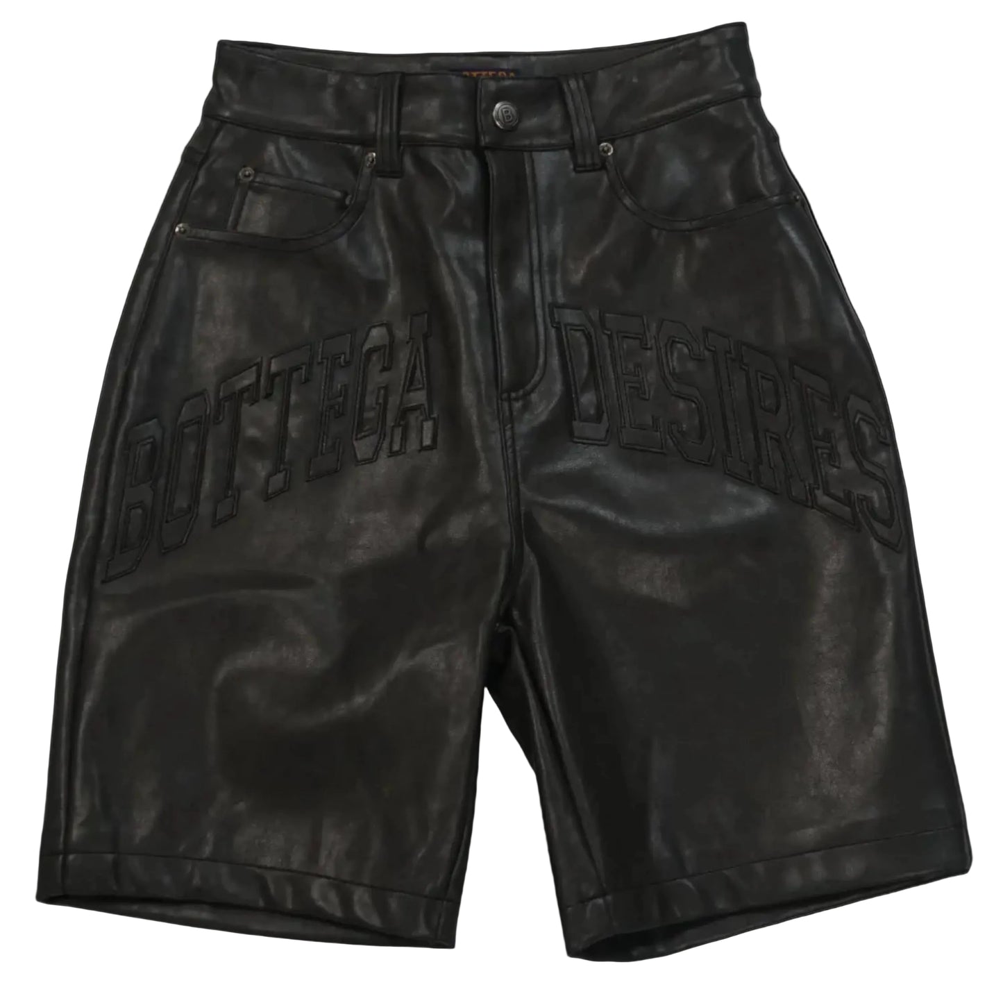 Pair of black leather pants on a reflective surface