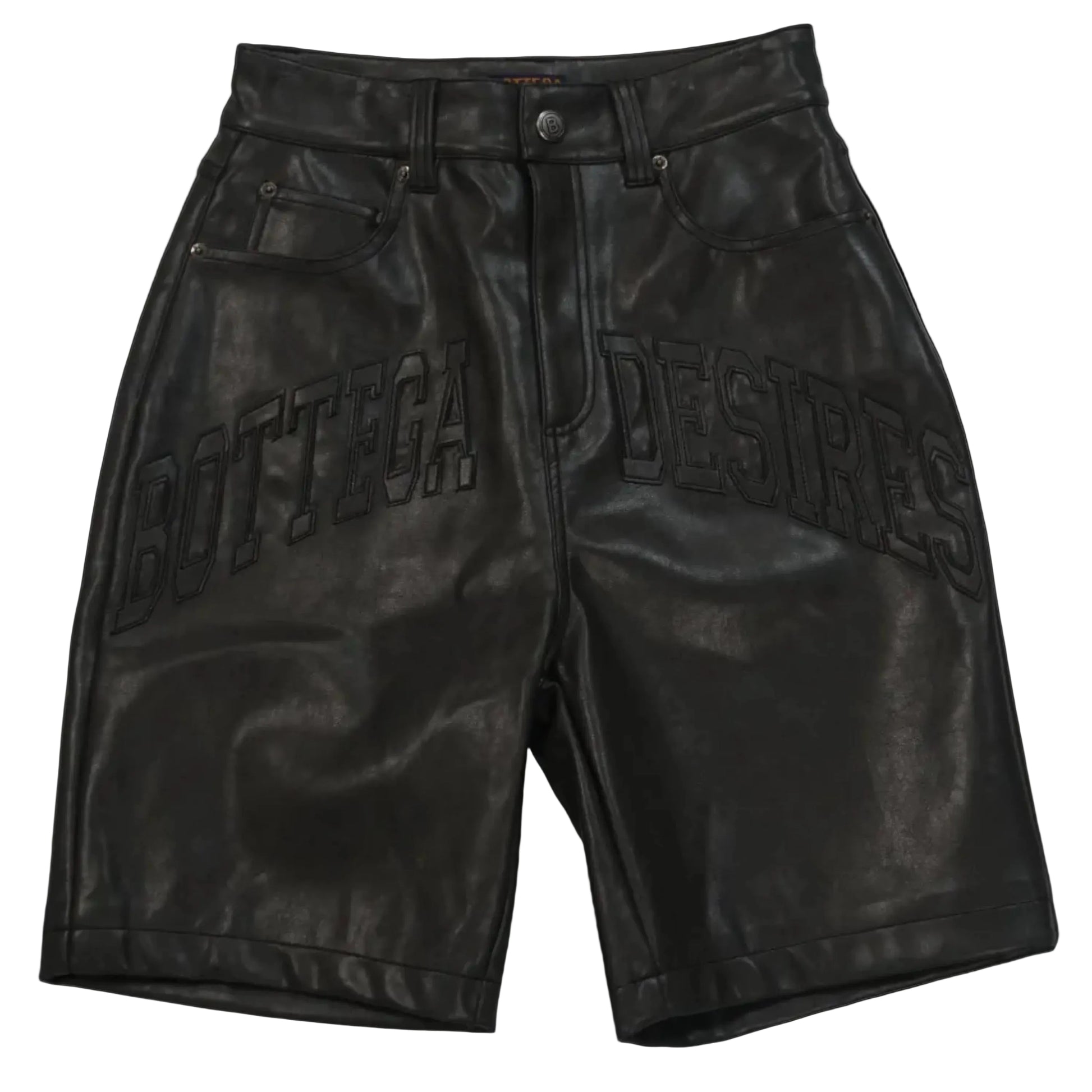 Pair of black leather pants on a reflective surface