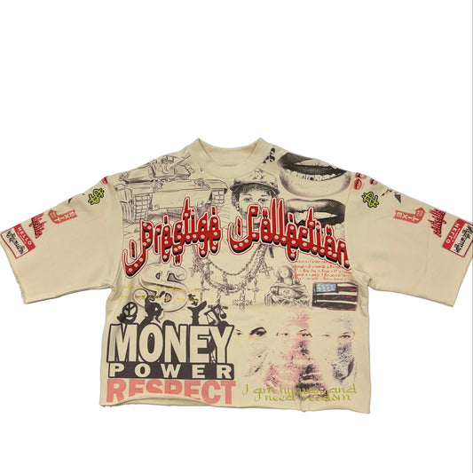 Beige t-shirt with graphic designs and text on a white surface